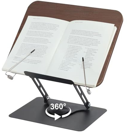 comfoyar Buchständer zum Lesen Verstellbarer, Faltbar Buchhalter mit 360° Drehfuß und Elastischen Seitenklammern, Holz Kochbuch Display Ständer für Lehrbuch Rezept Tablette Laptop Büro Musik Partitur