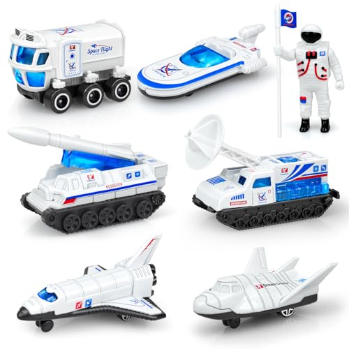 Tcvents Diecast Space Toys Car for Kids 3 4 5 6-9, 7 Pack Rocket Ship, Explorer, Space Shuttle Planet Toy with Astronaut Figure Spaceship Rocket Playset for Boys Girls Birthday Gift
