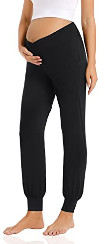 Foucome Pantalones deportivos de maternidad para mujer, cómodos, elásticos, para entrenamiento, descanso, embarazo, Negro, M