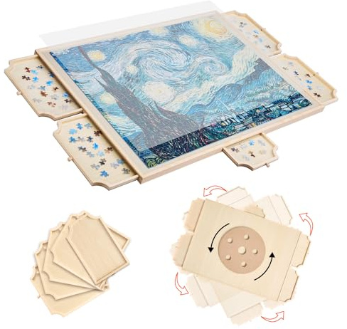 VEVOR Planche de Puzzle 1500 Pièces, Table de Puzzle en Bois 865 x 635 mm, Plateau Casse-Tête Rotatif à 360° et Portable, avec 5 Tiroirs et Couverture Utile, Accessoire pour Amateurs de Casse-tête