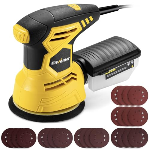 Enventor Random Orbital Sander, 300W 6000-13000RPM Electric Orbital Sander, 6 Variable Speeds, 125MM 20PCS Sandpapers, with Dust Collection Box, Ideal for Wood Sanding and Polishing