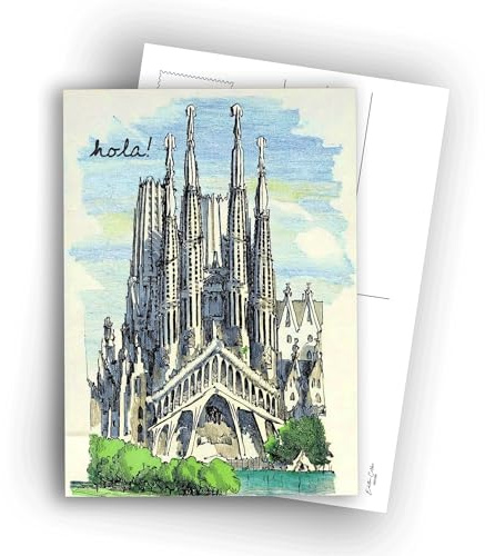 Edition Colibri Postales de Barcelona – Ilustración en Acuarela de la Sagrada Familia – Hola | Set de 10 tarjetas planas (A6) – Reverso para escribir