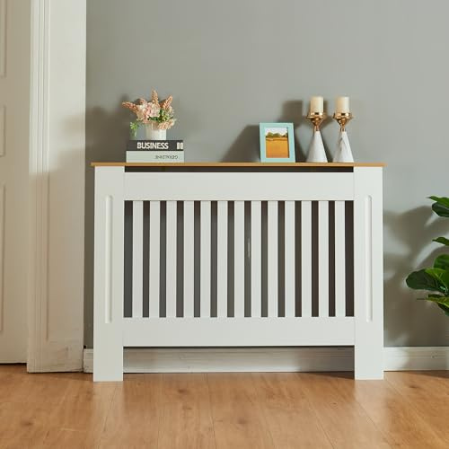 Panana Radiator Cover Cabinet, Modern Painted MDF with Slatted Grill Design (White with wood top, M)