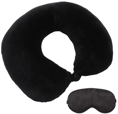 HENGBIRD Almohada de Viaje Ergonómica - Cojín en Forma de U con Soporte Cervical y Máscara para Dormir de Satén - Compacta y Plegable, Ideal para Avión, Auto y Oficina, Negra