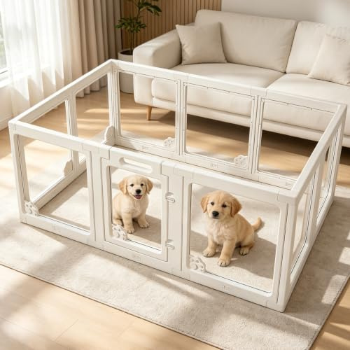 Tatqilo Acrylic Dog Playpen, 60cm Clear Puppy Pen for Indoor - 10 Panels | Portable Pet Playpen with Lockable Door, Dog Pen Indoor for Small and Medium Dogs & Cats, Easy to Assemble, 150 x 100cm