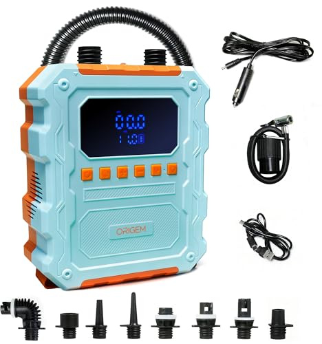 Origem 60PSI Pompa Elettrica SUP, 20800mAh Ricaricabile Gonfiatore Portatile per 6-9 SUPs, Compressore Aria per Pneumatici Auto Moto e Bici con 10 Ugelli per Paddleboard Gommoni Kayak Tende Materasso