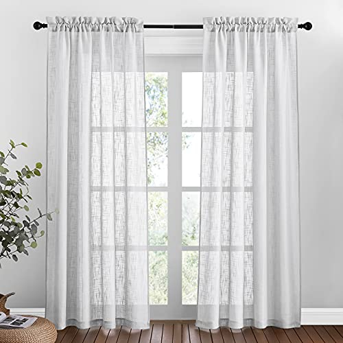 PONY DANCE Bedroom Sheer Voile Curtains - Semi Transparent Privacy Curtains for Sliding Glass Door, Faux Linen Sheer Voile, 1 Pair, Wide 52 inch by Drop 84 inch, Light Grey