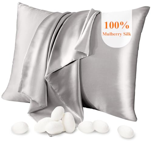 Jaciu Federa 100% seta, per capelli e pelle, federa in seta di gelso su entrambi i lati 21 Momme 600 fili morbidi e traspiranti （Grigio, 51x76cm, 1 pezzo）