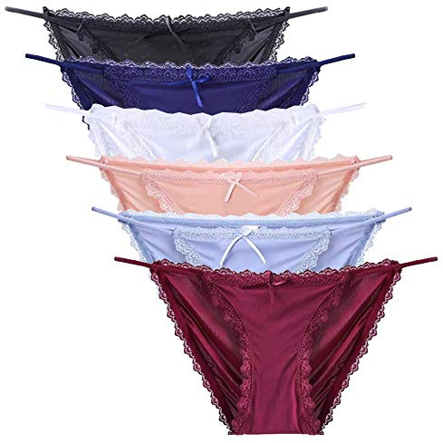 Nightaste Women Sexy Lace Silky String Bikini Panties Pack of 6pcs Comfort Cheeky Underwear Briefs (US(12-14), 6Colors(Ice Silk))