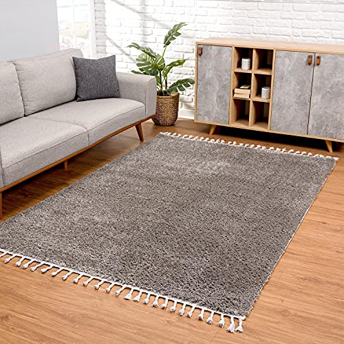 carpet city Teppich Wohnzimmer - Shaggy Hochflor Grau - 140x200 cm Einfarbig - Moderne Teppiche mit Fransen
