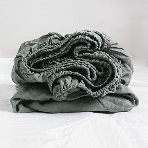 Simple&Opulence Super King Fitted Sheet, 100% Natural Linen Bed Sheet with 35cm Deep Pocket, Breathable Cozy Mattress Protector for Summer (Neutral Gray,180x200cm)