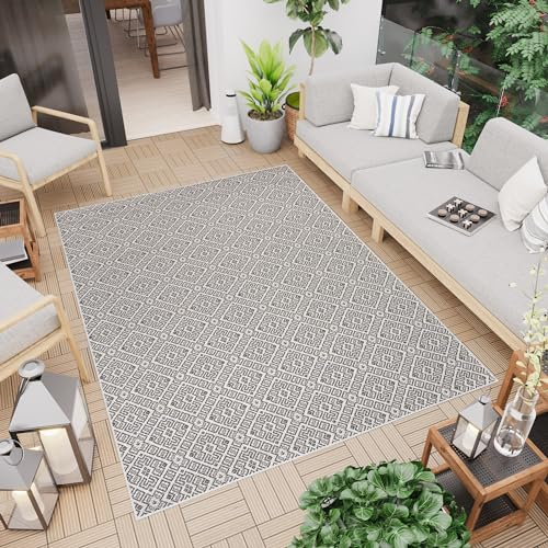 TAPISO Capri Teppich Outdoor Grau Schwarz Sisaloptik Flachgewebe Modern Design Balkon Terrasse Indoor Wasserfest Wetterfest UV-Beständig 80 x 150 cm