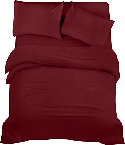 Utopia Bedding 4 Piece Double Bedding Set - Duvet Cover, Fitted Sheet with Pillow cases - Soft Brushed Microfiber (Burgundy)