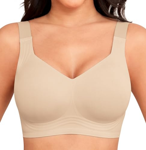 Xcutting Soft Sleep Wirefree Bras for Women Full Coverage No Underwire Wireless Comfortable Sports Bras for Sagging Breasts Padded Jelly Bra Plus Size (Nude,X-Large)