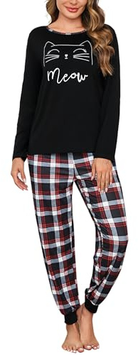 Leversic Pijama de Mujer Invierno 2 Piezas Algodón Conjunto de Pijama Cuello Redondo Top Pijama Manga Larga y Pantalones de Pijama con Bolsillos(Negro,L)