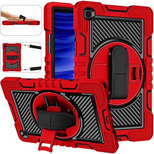 ERDARARIPRO Tablet Hülle für Samsung Galaxy Tab A7 (2020/2022), Niedliche Stoßfeste Cartoon Hülle mit 360° Drehbarem Ständer und Handschlaufe Schultergurt Großes Rot+Schwarz