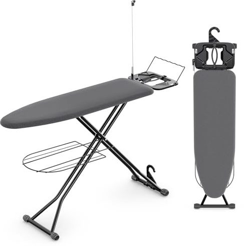 KINGBOARD Ironing Board, Compact Iron Board Full Size with Extra Thick Cover, 7 Adjustable Heights Stand with Hanger and Iron Rest, Large Heavy Duty Ironing Board with Storage Tray, 13x43 Black