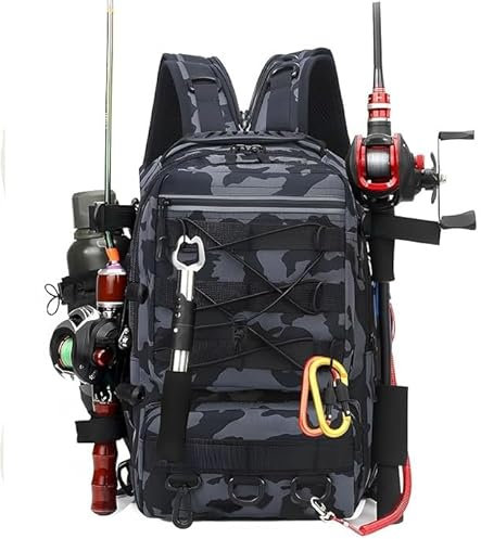 Fishing Tackle Backpack, Large Rucksack with Rod Holder, Waterproof Storage Tackle Bag, Multi-Purpose Military Tactical Sling Bag for Fishing, Hunting, Hiking, Camping & Outdoor Sports (Black)
