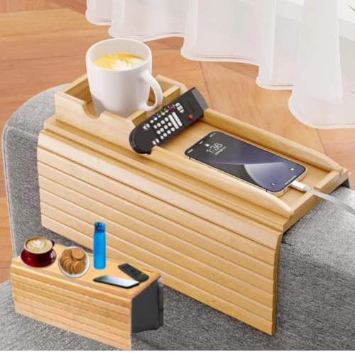 Naturebuz Mesa de madera 2 en 1 para sofá con bandeja desmontable, Soporte Sofa, reposabrazos de bambú, antideslizante, mandos a distancia, botellas, alimentos, bebidas y teléfonos