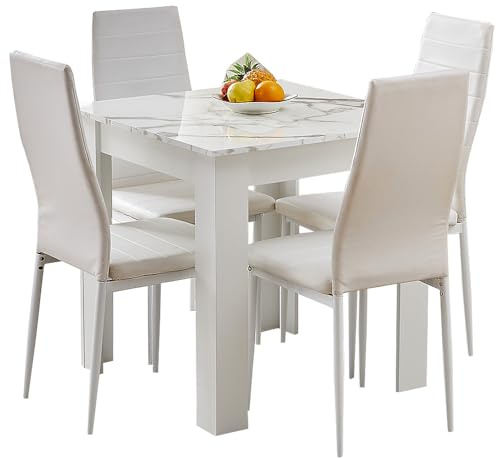 Rainbow Tree Modern 5 Piece Dining Room Table and Chairs Set, Wooden Square Table with 4 Chairs for Small Space Apartment Space Saving (White Marble Table+4 White PU Chair)