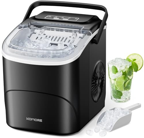 KOMORE Ice Maker with Handle, Portable Self-Cleaning Ice Machine, 2 Sizes of Bullet Ice Maker Machine, 9 Cubes Ready in 6 Mins, 12Kg/24H, Ice Scoop & Basket, Visual Window, Perfect for Home/Office/Bar