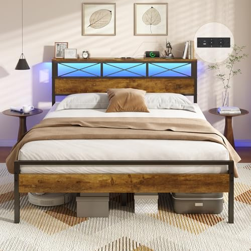 DICTAC Cadre de Lit Métal 140x190 cm - Lit Double avec Tête de Lit LED RGB, 2 Prises AC + 2 Ports USB (A&C), Étagères de Rangement - Style Industriel - Montage Facile