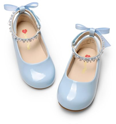 DREAM PAIRS Toddler Little Girls Dress Shoes Flower Girl Mary Jane Ballet Flat Shoes with Pearl Ankle Strap & Satin Bow for Wedding/Party,Size 10 Little Kid,Light Blue,SKFA26002K