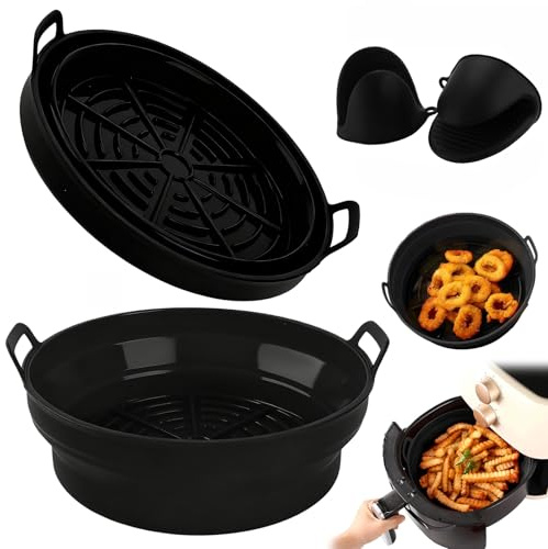 Youery Set di 2 stampi da forno in silicone, rotondi, 9 pollici, in silicone alimentare, flessibili e non adesivi, per friggitrice ad aria calda, forno, microonde, pieghevole con guanto da forno