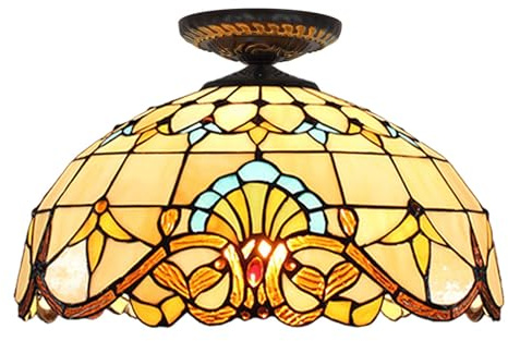 KXEcoLife Plafoniera in Stile Tiffany da 16 Pollici con Vetro colorato, Lampada a Sospensione Gialla in Stile Barocco Vintage Art Déco per Soggiorno, Sala da Pranzo, Camera da Letto e corrid
