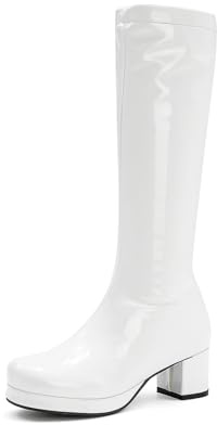 TNMIUH Botas Altas de Charol por la Rodilla para Mujer con Tacón Ancho, Botas Gogo Retro Años 60 70 para Disfraz Carnaval y Fiesta Temática, Negro/Blanco,Blanca,43.5 EU