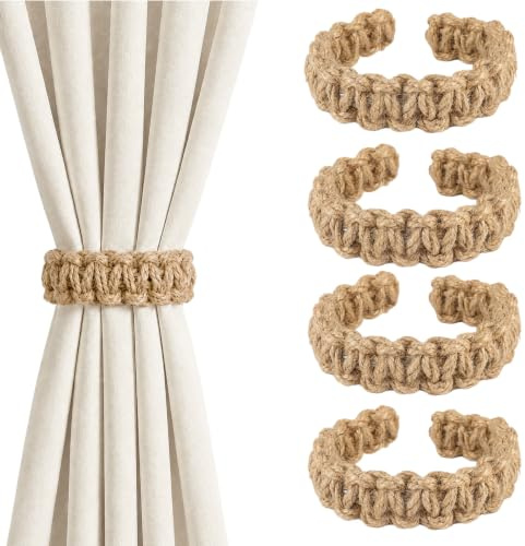 Amlif 4PCS Curtain Rope Tiebacks, Knitted Tie Backs Curtain Holders- Brown | Linen, Braided, Bendable, No Drill, Boho Rustic Vintage Woven, Indoor & Outdoor Window