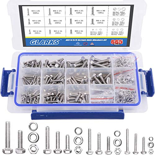 glarks 705pcs M3 M4 M5 acero inoxidable cabeza plana hexagonal tornillos pernos tuercas y soporte de juntas Primavera Arandelas Surtido Kit