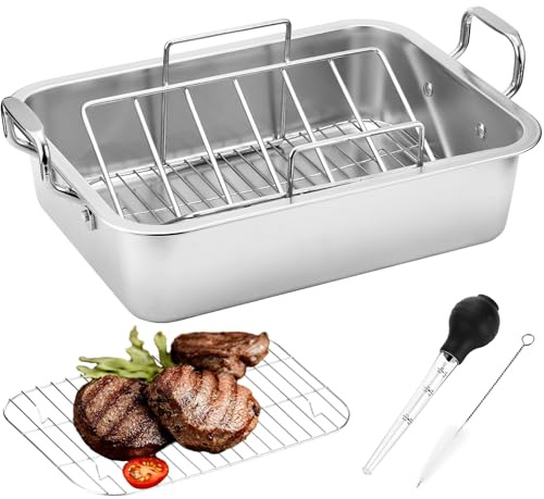15 Inch Stainless Steel Roasting Pan with V-Shaped Rack and Turkey Baster - Rectangular Roaster for Turkey, Chicken, Vegetables - Fits 20lb Turkey