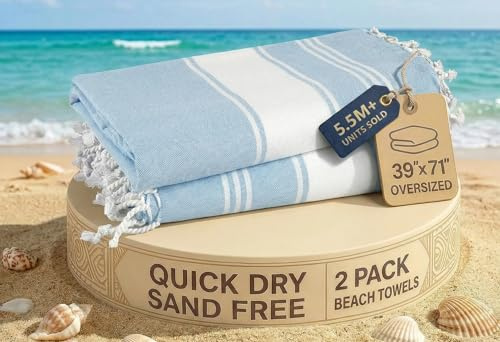 LANE LINEN Beach Towels For Women, 2 Pack Large Turkish Towels Oversized, Pre-Washed, No-Shrink Sand Free Beach Towel, Quick Dry, Lightweight for Travel 39x71 - Sky Blue