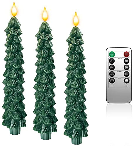 Yme 3pcs Christmas Trees Battery Candles, LED Taper Candles with Remote Control Timer Real Wax Warm White Light for Green Christmas Dinner Table Decorations Home Decor Gifts