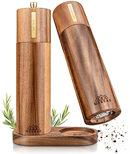 MERKAS - Salz und Pfeffermühle Holz Set mit Keramikmahlwerk inkl. Untersetzer - 21,5 cm - Gewürzmühle aus edlem Akazienholz - Pfeffermühle Holz groß - Küchenhelfer - Geschenkidee