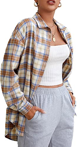KevaMolly - Camicetta in flanella a quadri per donna, vestibilità ampia, stile boyfriend, con bottoni, a maniche lunghe, casual, L