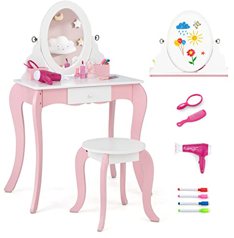 RELAX4LIFE 2 in 1 Toeletta Trucco per Bambini, Set Tavolo da Trucco per bambini, Specchio e Sgabello, Set di Vanità per Bambini da 3 a 7 anni