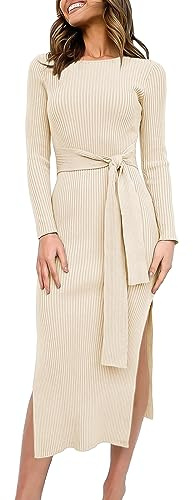 ANRABESS Womens Long Sleeve Sweater Dress Crew Neck Slim Fit Slit Tie Waist 2025 Ribbed Knit Bodycon Midi Dress Fall Outfits 623kaqi-S Beige