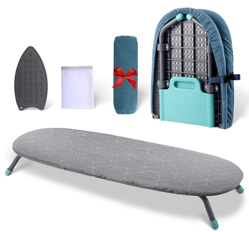 Foldable Table Top Ironing Board with Iron Rest, Portable with 2 Covers, Non-Slip Folding Legs, Space-Saving, Travel Ironing Board with Heat Resistant Cover