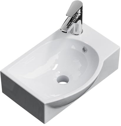 EMKE Lavabo Suspendu 405 x 280 x 140 mm – Lavabo Compact et Élégant pour Petites Salles de Bain et WC Invités – Robinet à Droite, Installation Murale, Blanc Brillant