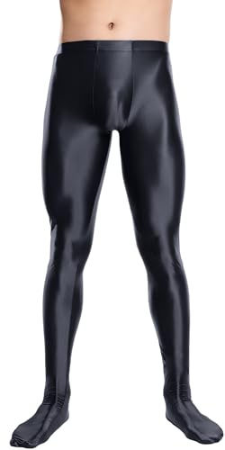 AIEOE Oil Shiny Legging for Men High Waist Tight Leggings Glossy Pantyhose Oil Shiny Stockings Silky Tights Shiny Trouser Socks Stretchy Pantyhose Black