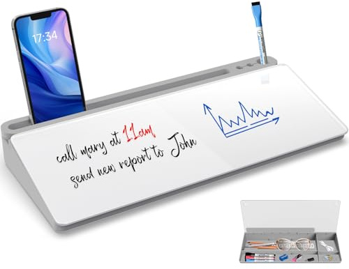 Sliandtelly Desk Glass Whiteboard with Storage, 40x18cm, 3 Pens, Dry Erase | Desktop Writing Board for Quick Note Replace Sticky-Note, White Board & Grey Base Organizer for Home Office Accessory