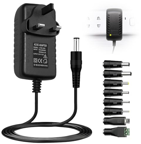 Universal UK 12V 3A Power Supply Adapter, 36W AC to DC Charger with 8 Replaceable Tips, 5.5x2.1mm Multi Plug Adapter for LED Strip Lights, Router, CCTV Camera, Baby Monitor Speakers DVD MP3/MP4