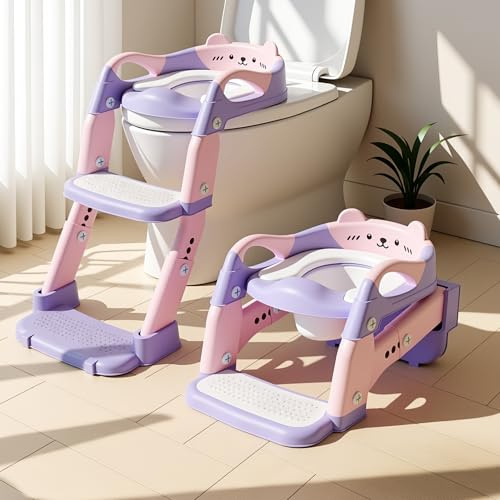 Riduttore WC Bambini, Scaletta WC Pieghevole 3 in 1 per Bambini, Antiscivolo e Impermeabile, con Paraspruzzi, Sedile WC per Bambini per L'addestramento Indipendente dei Bambini al Vasino (Viola)