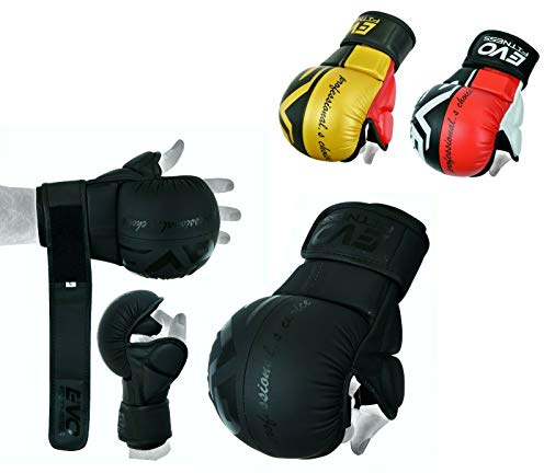 EVO Maya Hide Leather MMA Grappling Gloves UFC Cage Fighting Sparring Glove Training (Black & Red, X-Large)