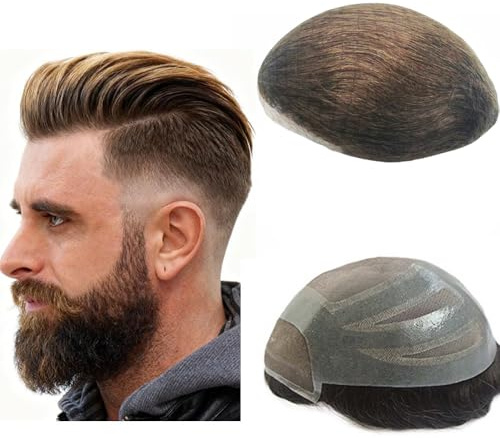 NLW Human Hair Mens Toupee Hairpieces Swiss Lace Front Replacement System Combined with PU base 10X8 inch large size N.L.W. Light Brown 6 inch