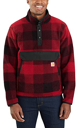 Carhartt Relaxed Fit Fleece Pullover Pull Sweater, Plaid Oxblood, S Hommes
