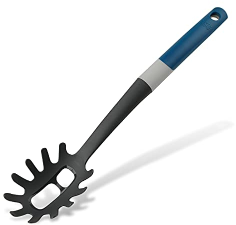 Tasty Spaghetti Spoon with Portioner Made of Plastic, Soft-Touch Handle with Measurements for Cooking and Serving Spaghetti, Dimensions: 34x7cm, Colours: Dark Blue, Black & Grey