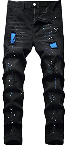 QIMYUM Mens Ripped Jeans, Distressed Destroyed Slim Fit Straight Leg Denim Pants, Black040, 38